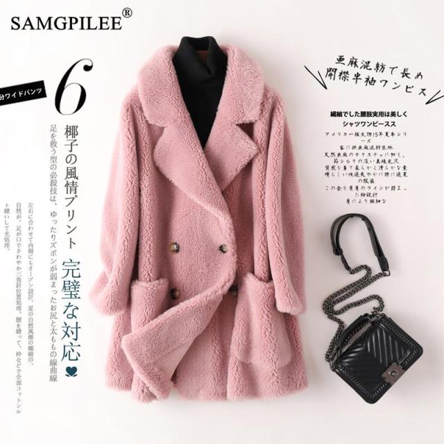 Echter Pelzmantel, hochwertige australische Damen-Wollmäntel, dick, warm, elegant, locker, lang, Oberbekleidung, Wintermantel für Frauen XL hellrosa