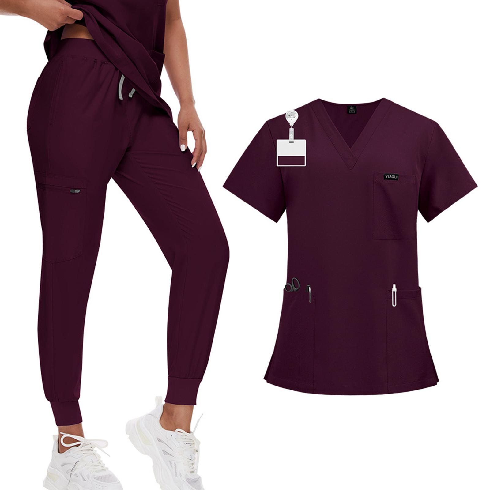 Damen Zwei-Teiler Kasack-Set mit V-Ausschnitt Kurzarm-Oberteil und Jogginghose für Medizinische Uniformen Gesundheitswesen Arbeitskleidung M weinrot