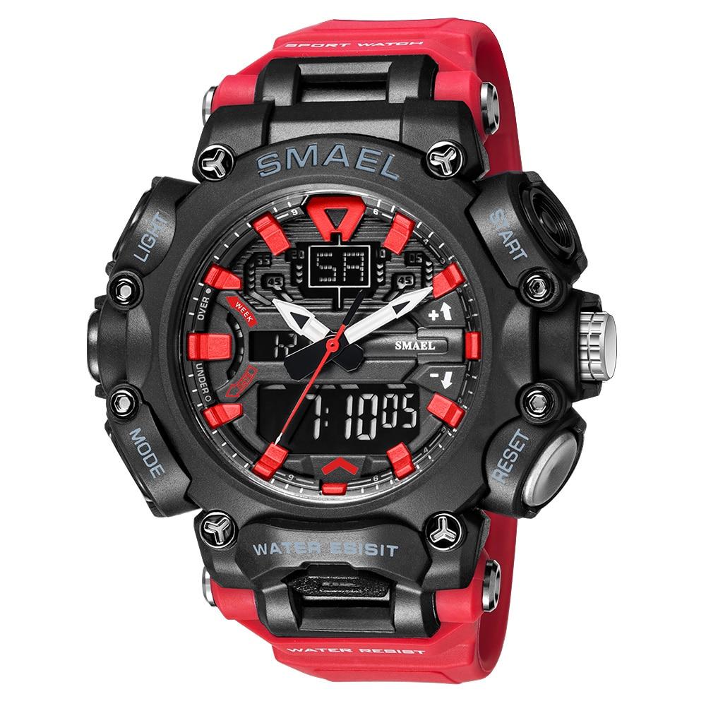 SMAEL Militäruhr Sport Wasserdicht 50M Stoppuhr Analog Digital Armbanduhren Wochenanzeige Wecker 8053 Digitaluhren Herren With Package rot