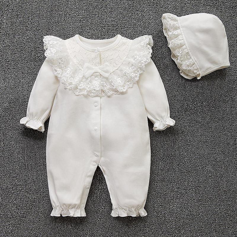 Frühling Neugeborenen Baby Mädchen Kleidung Spitze Blumen Prinzessin Overall + Hüte Infant Mädchen Bodys Onesie 0-3m weiß