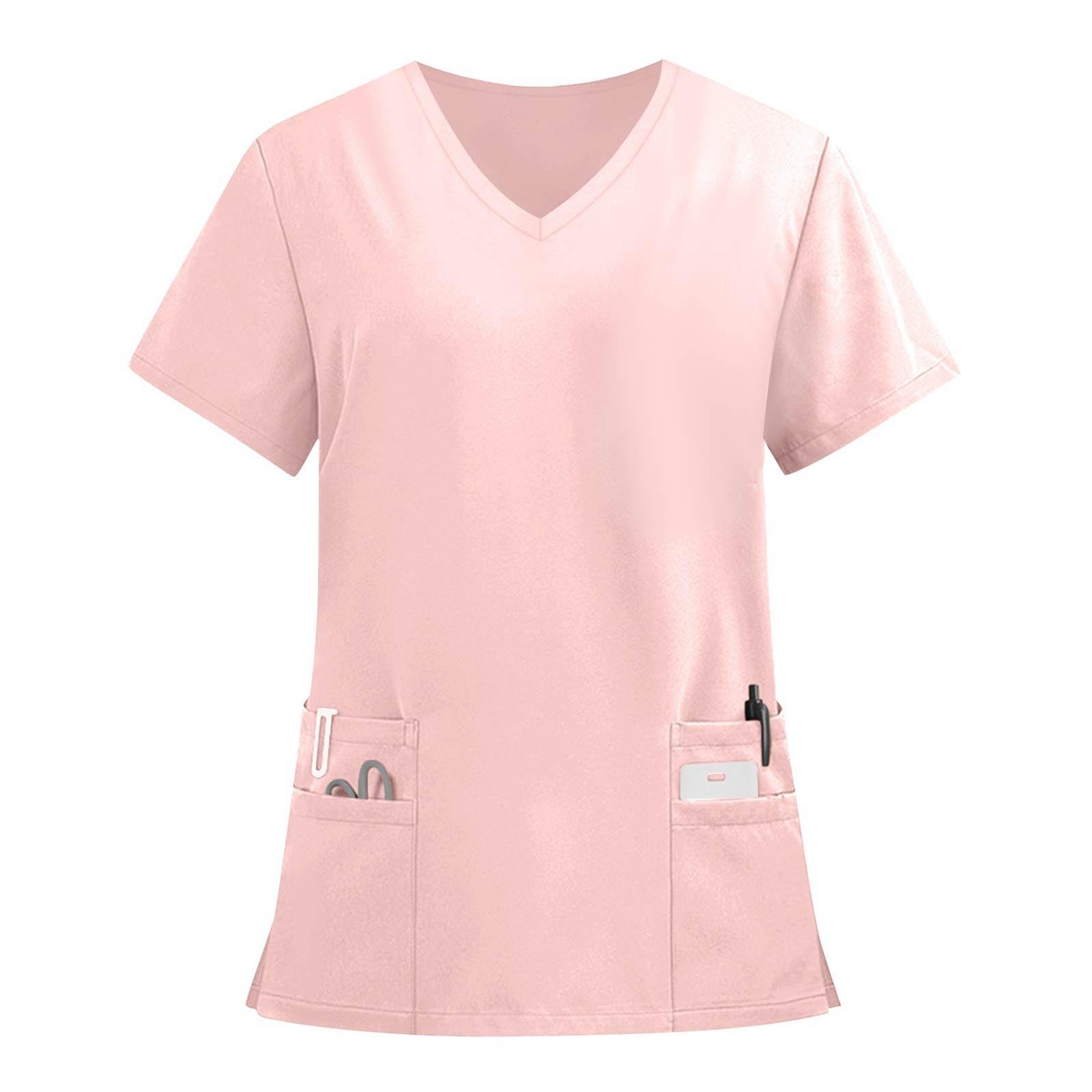 Damen V-Ausschnitt Medizinischer Kasack mit Taschen, Bequeme und Langlebige Arbeitskleidung für Krankenschwestern, Ärzte und Medizinisches Fachpersonal L rosa