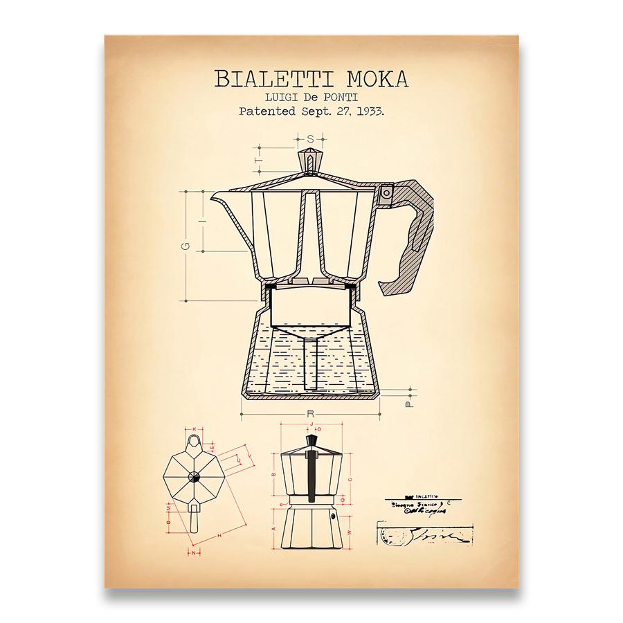 Kaffeekanne Patent Poster und Drucke Bialetti Moka Kaffee Blaupause Kunst Bild Leinwand Malerei Für Küche Wand Kunst Dekor A4 21x30cm No Frame