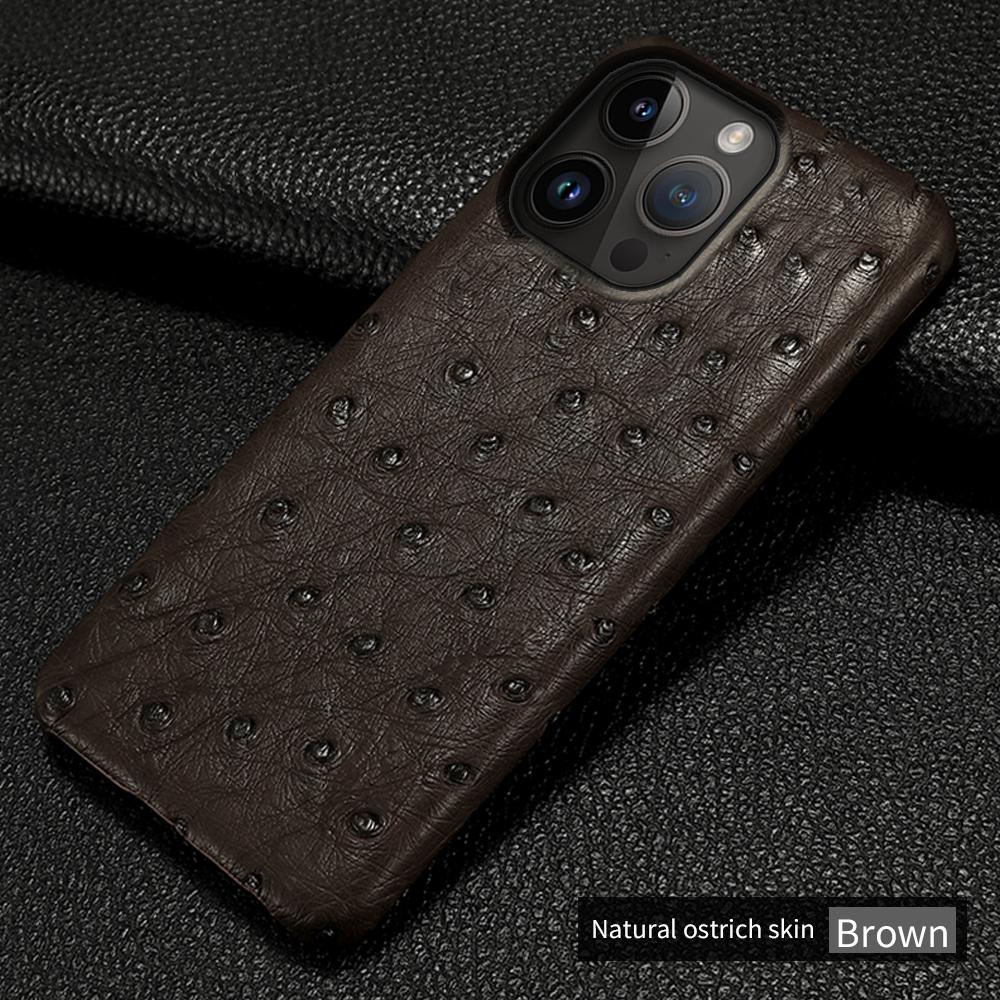100% Natürliche Straußenleder Handyhülle für iPhone 17 Air 16 15 12 11 13 14 Pro Max 16 Plus 17Pro 16Pro Luxus Rückabdeckung For iPhone 16&Genuine Leather braun