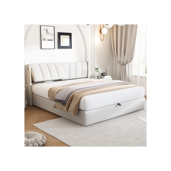 Capitonné Bett Binaural LED, 140 x 190 cm, hydraulisches Bett mit aufladbaren USB-Anschlüssen im Bett, PU-Rollen, weiß