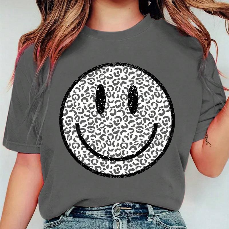Mode Frauen Personalisierte Spotted Runde Lächelndes Gesicht Spleißen Print T Shirt Lustige Casual Oansatz Kurzen Ärmeln T-shirt Sommer Weibliche T Shirt XL grau