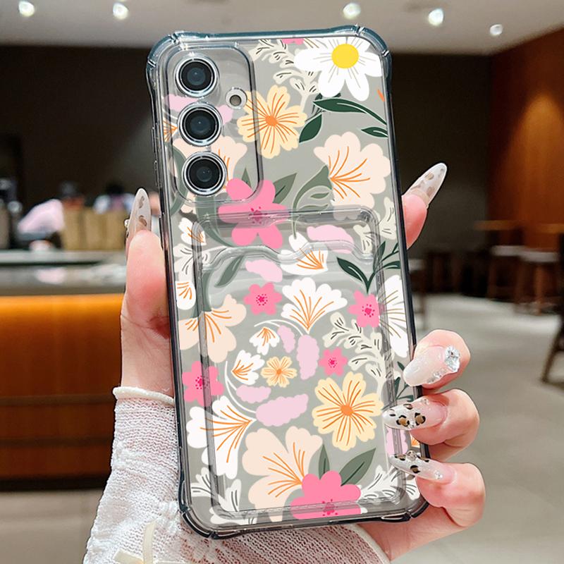 Blumen Kartenfach Tasche Geldbörse Klare Hülle Für Samsung Galaxy S25 Edge S24 S22 Ultra S23 FE A56 A55 A54 A35 A15 A16 5G Weiche Handyhülle For Samsung Galaxy S23