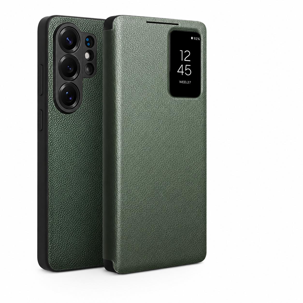 Für Samsung Galaxy S26 / S26+ / S26 Ultra Echte Leder Smart Flip Hülle Leichte Handyhülle mit Smart View für S26 Serie Galaxy S26 Ultra grün
