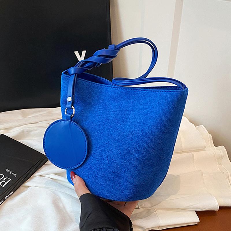 Einfarbige Damen Wildleder Schulter Eimer Taschen Große Kapazität Vielseitige Damen Achsel Tragetasche Lässige Damen Handy Handtaschen Geldbörse KTY 22x17x19cm blau
