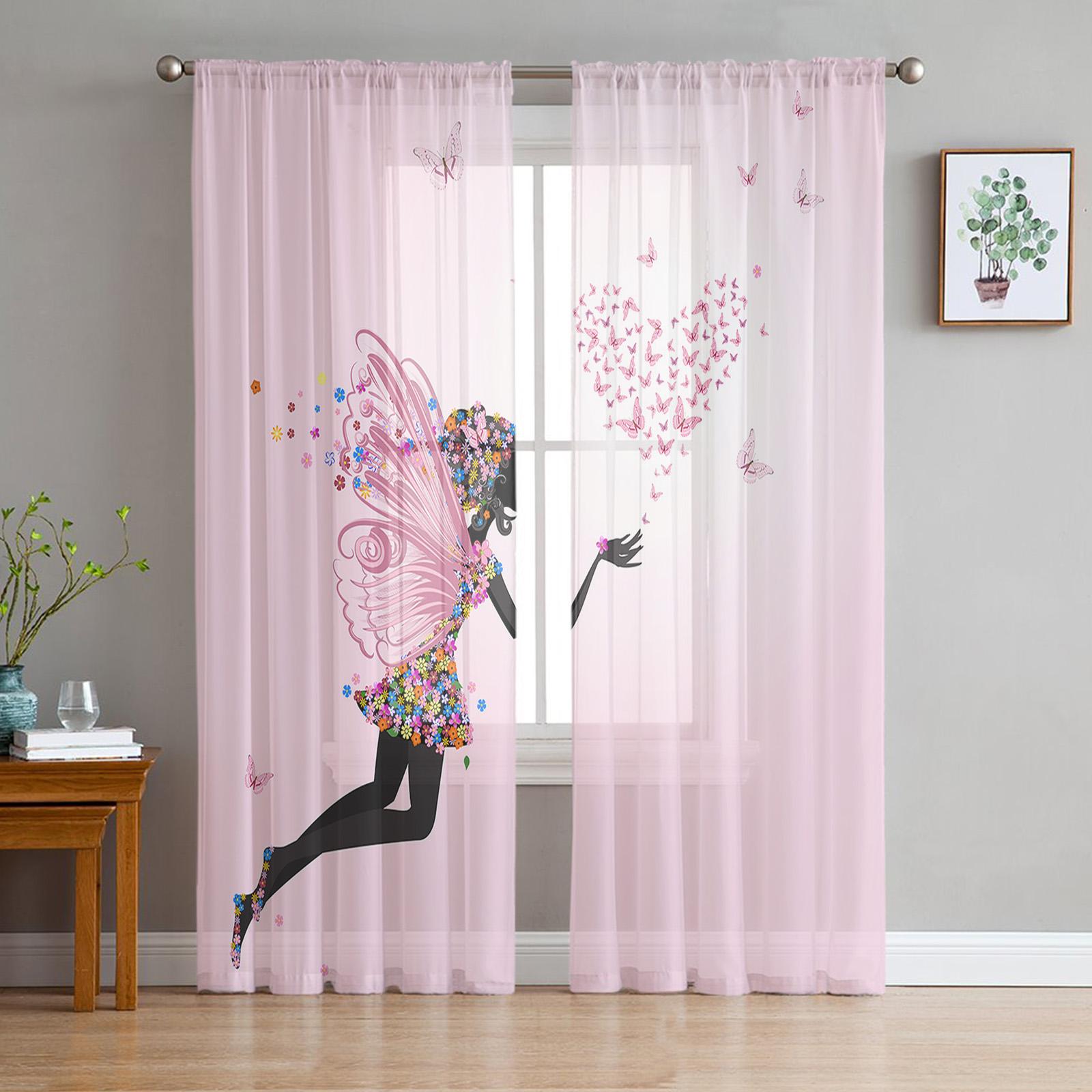 Rosa Mädchen Blume Schmetterling Transparente Vorhänge für Wohnzimmer Dekoration Fenster Vorhänge für Küche Tüll Voile Organza Vorhänge W135 x H215cm x1