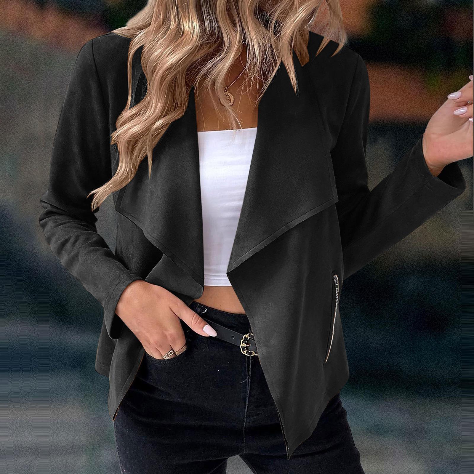 Lässige, einfarbige, langärmlige Jacke mit Hirsch-Imitat für Damen, modische, lockere Jacke M schwarz