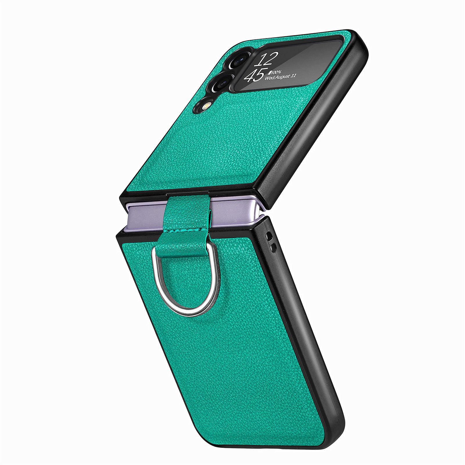 Kratzfeste, rutschfeste Leder-Coque-Hülle für Samsung Galaxy Z Flip 4 5 5G Flip5 Flip4 Flip3 Flip 3 Zflip4 Fingerring-Handytaschen-Abdeckung Samsung Z Flip 4 grün
