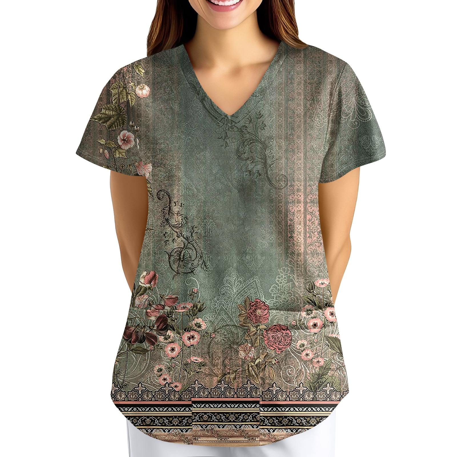 ÜbergrößeBedruckte Kasack Arbeitsuniform Oberteile für Damen V-Ausschnitt mit Überkreuzung Print Kurzarm Lustige T-Shirts Arbeitskleidung T-Shirt mit Taschen L grün