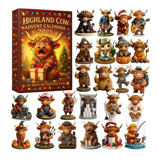 Highland Kuh Adventskalender 2025 Niedliche Highland Kuh Ornamente 24 Tage Weihnachts-Adventskalender zur Weihnachtsbaumdekoration acrylic