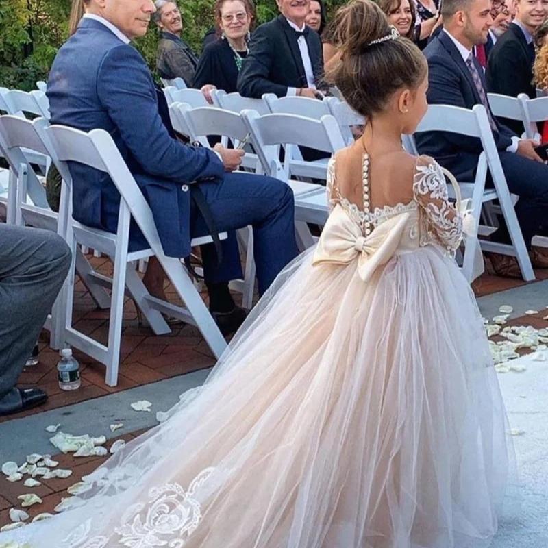 Mädchen Prinzessin Puffkleid - Blumenmädchen Hochzeitskleid mit Spitze Schleppe, Kinder Ballkleid für Party & Zeremonie 110