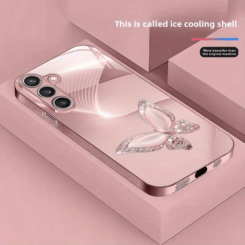 Diamant Schmetterling Metallisches Glas Handyhülle Geeignet für Samsung GalaxyS26 S25 S24 S22 S21 S20FE/Ultra/Plus Anti-Drop Rückabdeckung Galaxy S21 FE 5G rosa