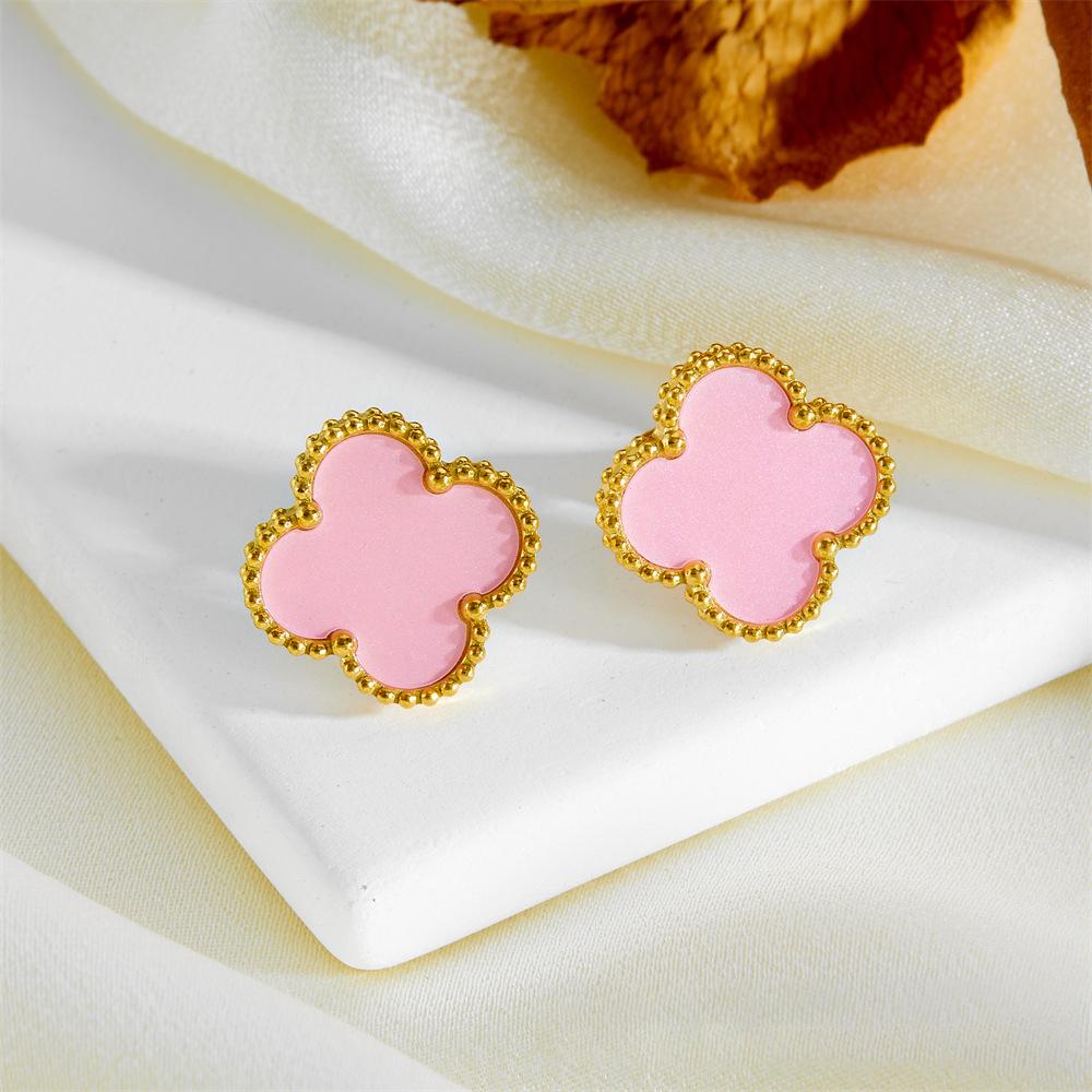 Titanstahl verliert nicht die Farbe Vierblättriges Kleeblatt Ohrringe Trend Persönlichkeit Netz Rot Glücksgras Ohrringe Hochwertige Damen Ohrringe rosa