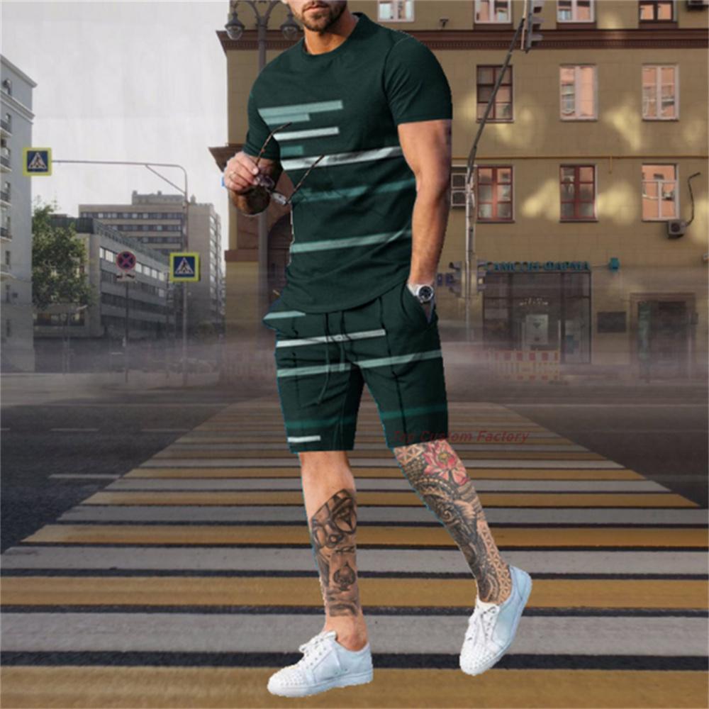 Mode Herren Trainingsanzug 2-teiliges Set Sommer Streifen Sport Hawaiianischer Anzug Kurzarm T-Shirt und Short Lässig Mode Herrenbekleidung M