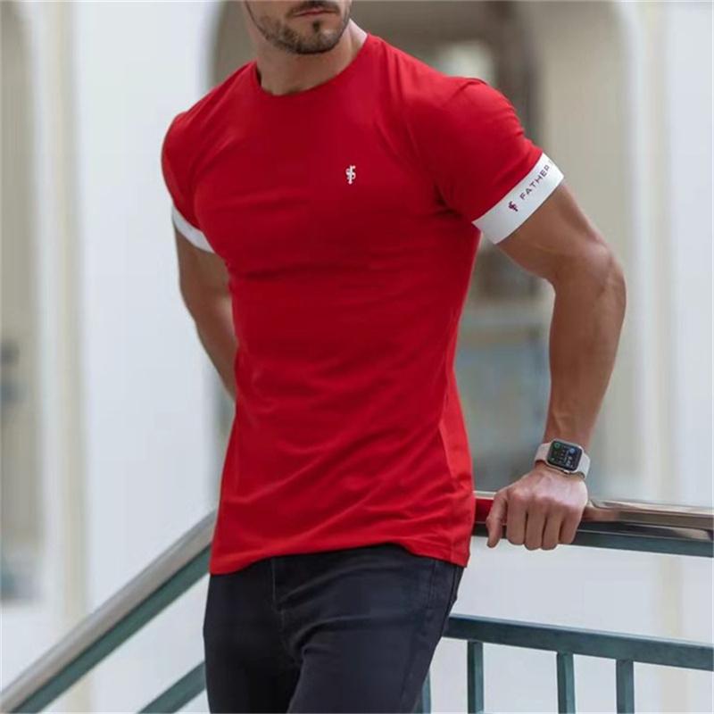 Gym T-Shirt Herren Kurzarm T-Shirt Lässiges Slim T-Shirt Männlich Fitness Bodybuilding Shirt Workout T-Shirt Tops Sommerkleidung XL rot