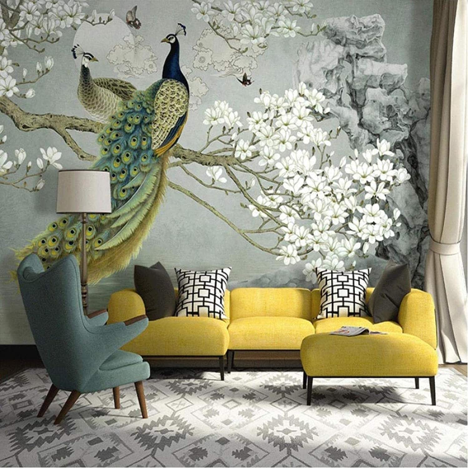 Blumen-Pfau-Tapeten-Wandbild, Schmetterling-Luxus-Wandbild für Wohnzimmer, Schlafzimmer, Büro, Kinderzimmer, Hotel-Tapetendekoration 200 cm(W) x 140 cm(H)