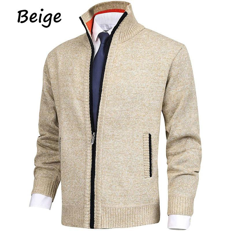 Lässige Strickjacke für Herren, schmale Passform, Fleece, durchgehender Reißverschluss, dicke Strickjacke, Winter-Outwear 4XL beige