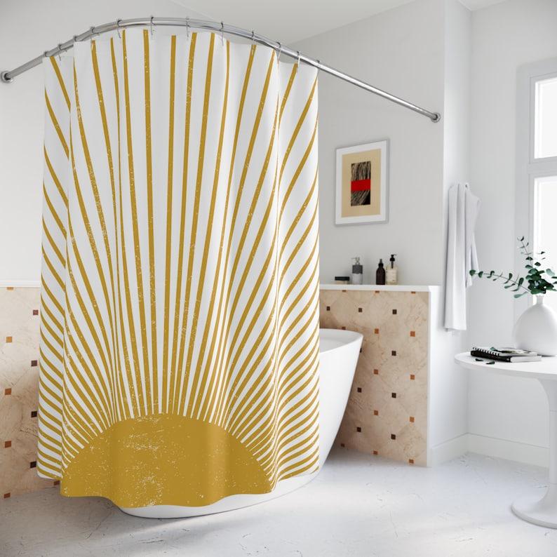 Mid Century Modern Sun Boho Duschvorhang, Retro MCM Dekor Funky Badezimmer, Senfgelb Vintage Stil Abgenutzter Sonnenstrahl W180xH180cm