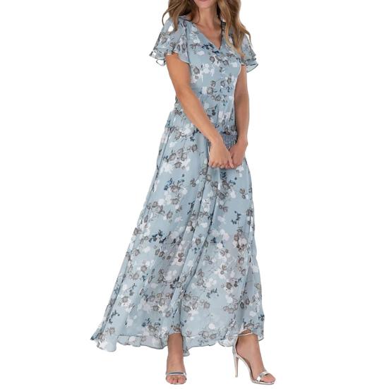 Maxikleid mit Rüschen, kurzärmelig, weich, charmant, für Damen, Blumendruck, Freizeitkleid, Streetwear L hellblaue
