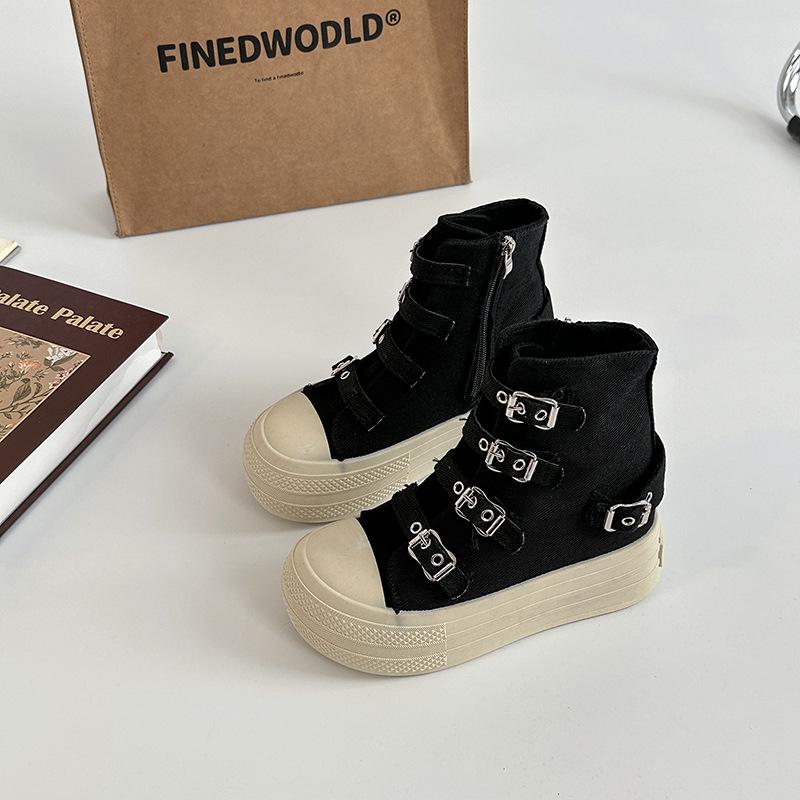 Mode Koreanische Version Plateau Martin Stiefel Ein-Wort-Schnalle Canvas Schuhe Damen Sommer Retro Einfache Lässige Schuhe Board Schuhe Einzelne Schuhe 36 schwarz