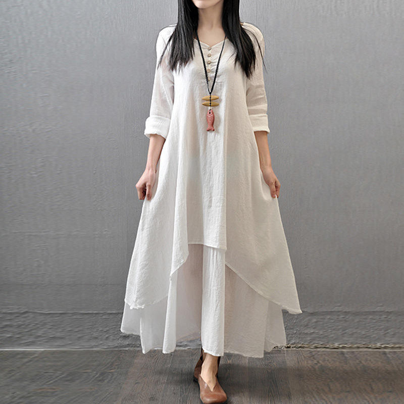 Neues Damen-Maxikleid im Vintage-Stil, einfarbig, langärmelig, V-Ausschnitt, Taschen, Tunika, Kaftan L weiß