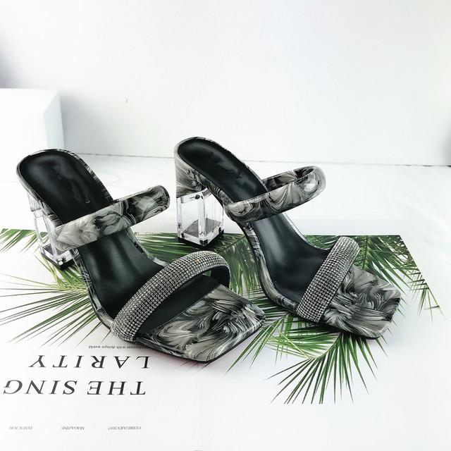 Sommer Frauen Fetisch 8,5 cm High Heels Pantoletten Blockabsatz Klare Glitzer Kristall Hausschuhe Leder Glänzend Slides Graffiti Schuhe 39 schwarz
