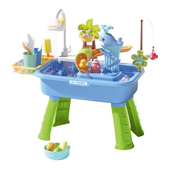 Kleinkinder Sand- und Wassertisch Spielzeug, mit Wasserhahn, Spielzeug-Essenszubehör, Angelspielzeug, Spielküchenbecken Spielzeug mit elektrischer Wasserpumpe für Jungen, Mädchen blau