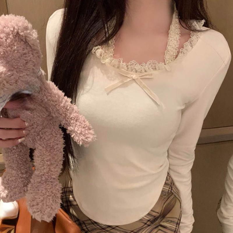 Spitzen-T-Shirt für Frauen Frühling Slim Crop Top Koreanische Neckholder Langarm T-Shirts Y2k Solide Damen T-Shirts Femme Schleife Süße Kleidung Neu S schwarz