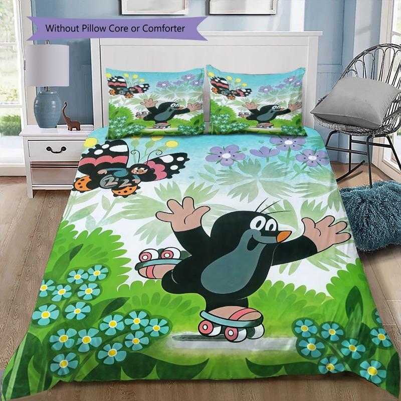 Krtek Der kleine Maulwurf Farbschirm Gänseblümchen Regenwurm Cartoon Druck 3-teiliges Bettwäsche-Set Bettbezug Kissenbezüge Kinder Cartoon Heimtextilien Für Kinder Fans 135x200cm