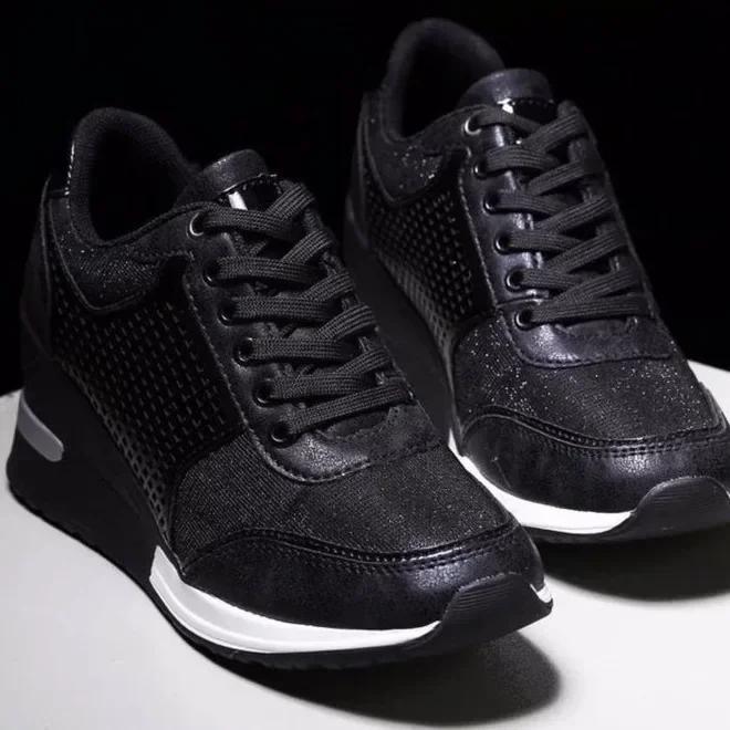 2025 Keilabsatz-Sneakers Mesh-Plateauschuhe Einfarbig Dicke Sohle Reißverschluss Vulkanisierte Schuhe für Damen-Sneakers Zapatos De Mujer 42 schwarz