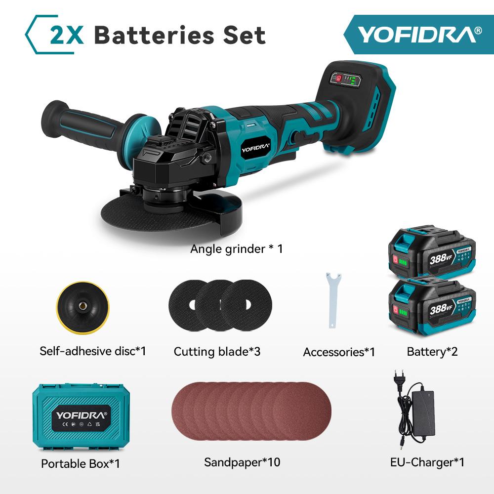 YOFIDRA 1500W 125mm Bürstenloser Winkelschleifer 3 Gänge Akku Schleifmaschine Schneiden Holzbearbeitung Elektrowerkzeug Für Makita 18V Akku With 2 Battery