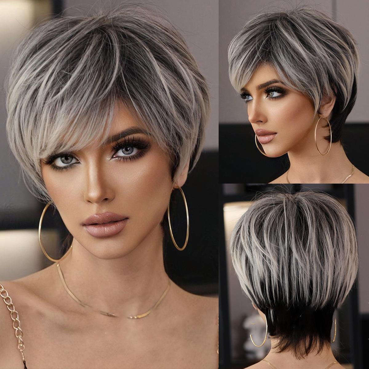 Trendige Perücke im Pixie-Schnitt | Leichtes, kurzes, lockiges Sommerhaar mit strukturierten Schichten, atmungsaktive Kappe ohne Kleber – mehrere Stile für schützende Frisuren schwarz/weiß