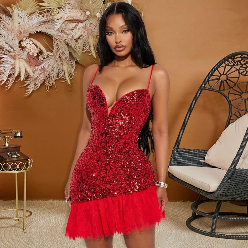 Damen Pailletten Neckholder Kleid Abendkleid Wickel Hüfte Kurzes Kleid Patchwork Lotus Saum XXL rot