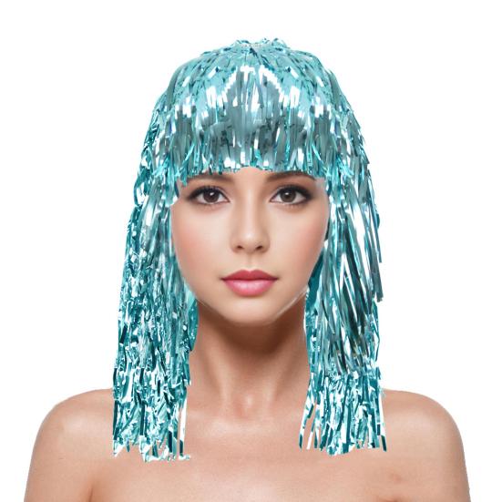 Folie Lametta Perücken für Erwachsene Kostüm Party Glänzende Lametta Perücke Metallic hellblaue