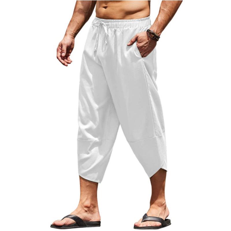 Herren Sommer Einfarbig Caprihosen Haremshorts Herren Elastischer Bund Kordelzug 3/4 Länge Cropped Hosen Baggy Jogginghosen XL weiß