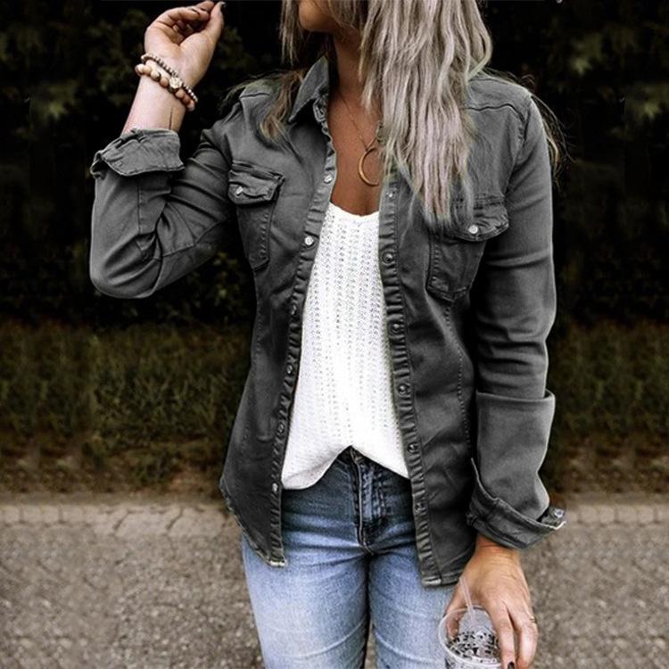 Damen Jeansjacke Langarm Mode Einfarbig Jeansjacke Damen L schwarz