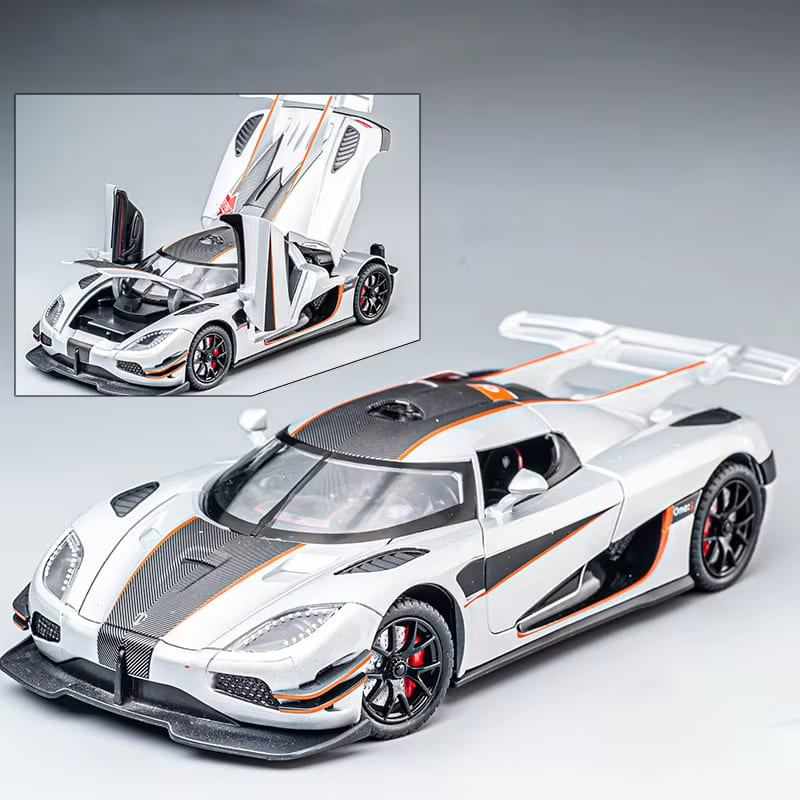 1:24 Koenigsegg ONE 1 Legierungsautomodell Druckgussmetall-Sportwagenmodellsimulation Ton und Licht Pullback-Kollektion Kinderspielzeug Jungengeschenk weiß