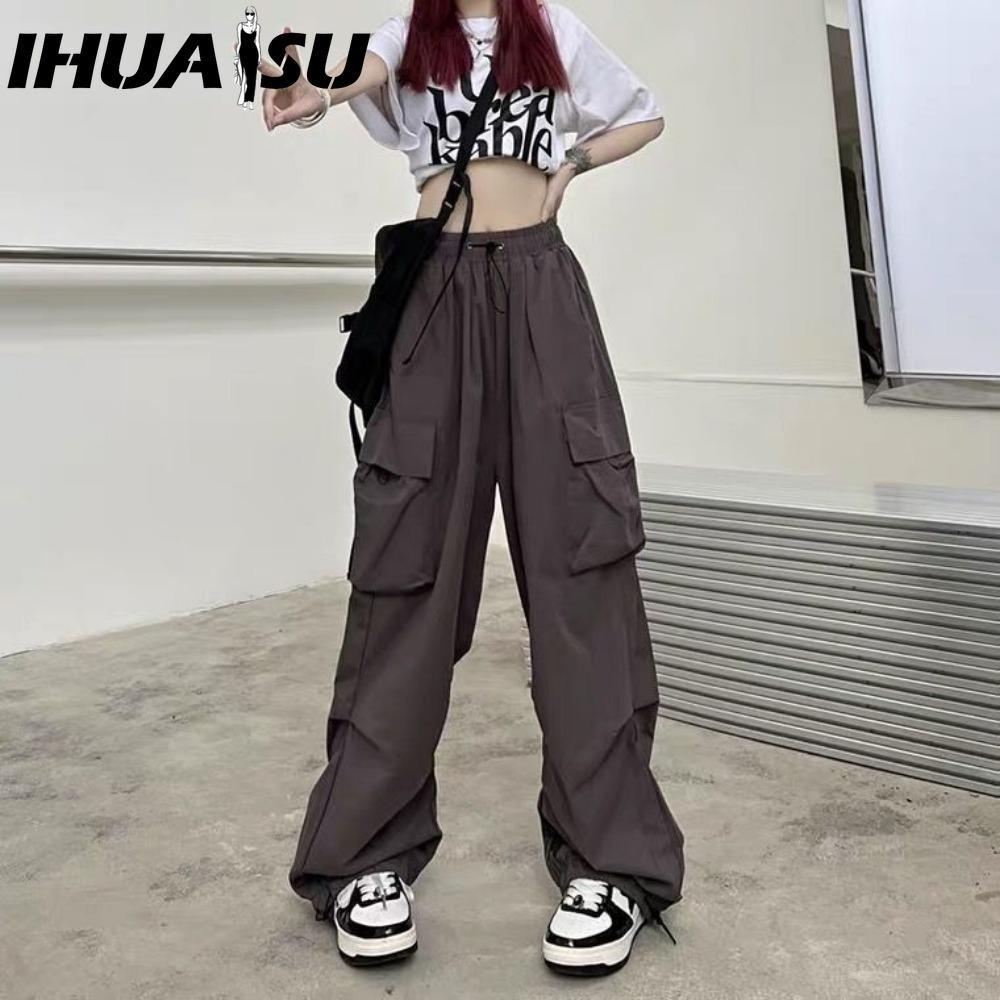 IHUASU Damen Hip Hop Cargo Hose Baggy Einfarbig Elastischer Bund Hose Locker Atmungsaktiv Damen Hose S grau