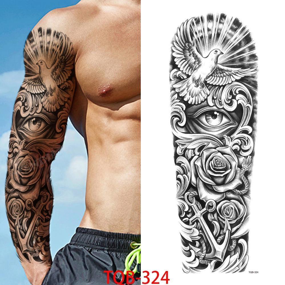 1 STÜCK 480*170 MM Temporäre Tattoo-Ärmel Für Männer Frauen Super Großer Kompass Wolfskopf Auge Gefälschte Löwengott Feder Tattoo Vollen Arm Tattoo Aufkleber TQB-324