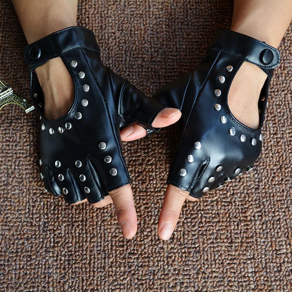 1 Paar Halloween Schwarze PU Leder Fingerlose Handschuhe Damen Halbfinger Fahrhandschuhe Damen Mode Punk Handschuhe Tanz Nieten Handschuhe One Size black