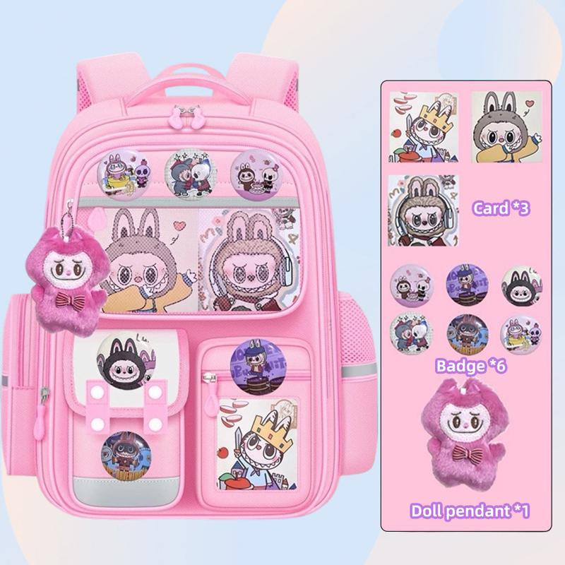 Neue Cartoon LABUBU Kinder-Schulranzen Kinder-Rucksäcke für die Klassen zwei bis sechs Wasserdichte, leichte und großvolumige Rucksäcke mit Anhänger rosa