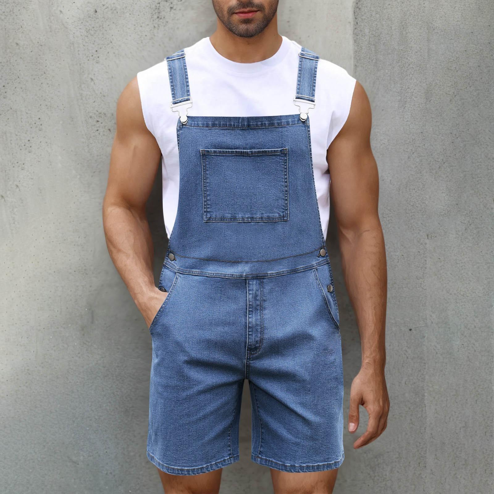 Herrenmode Einfarbig V-Ausschnitt Knopf Tasche Washed Water Denim Verstellbarer Kurzträger Jumpsuit L dunkelblaue