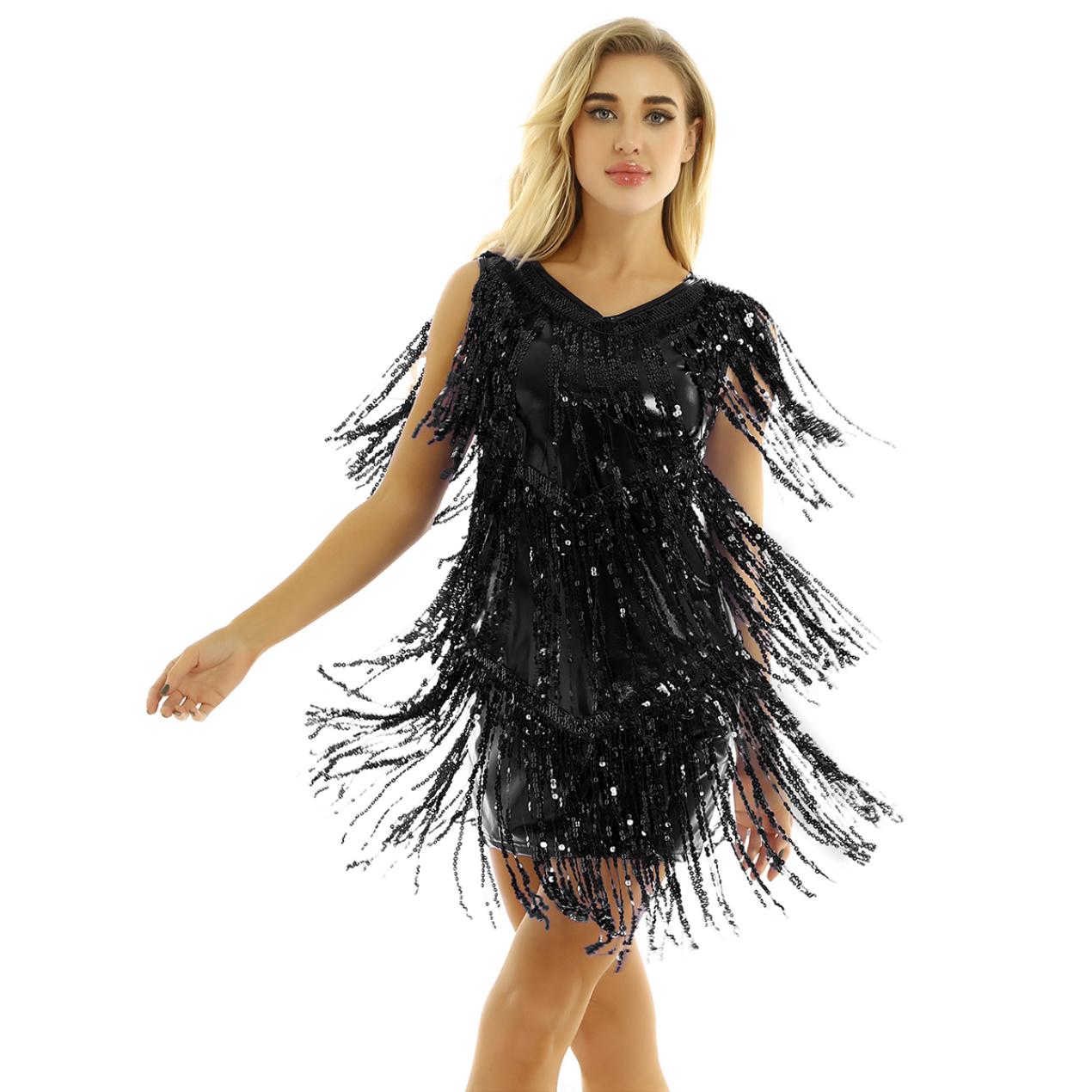 Damen-Kostüm, Tanzkostüm, Cocktail-Abendkleid, Damenbekleidung, Sommerkleider, Fransenkleider 2XL schwarz