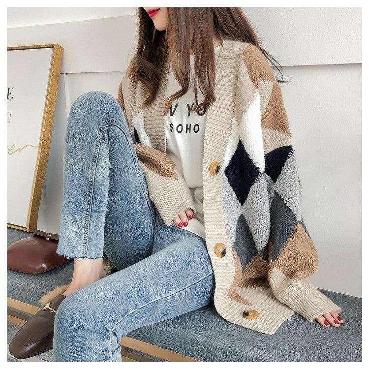 Plaid Chic Argyle Strickjacken Pullover Frauen Herbst Winter Puff Ärmel Lose Strickjacke Karierten Übergroßen Frauen Pullover Tops 23825 One Size khaki