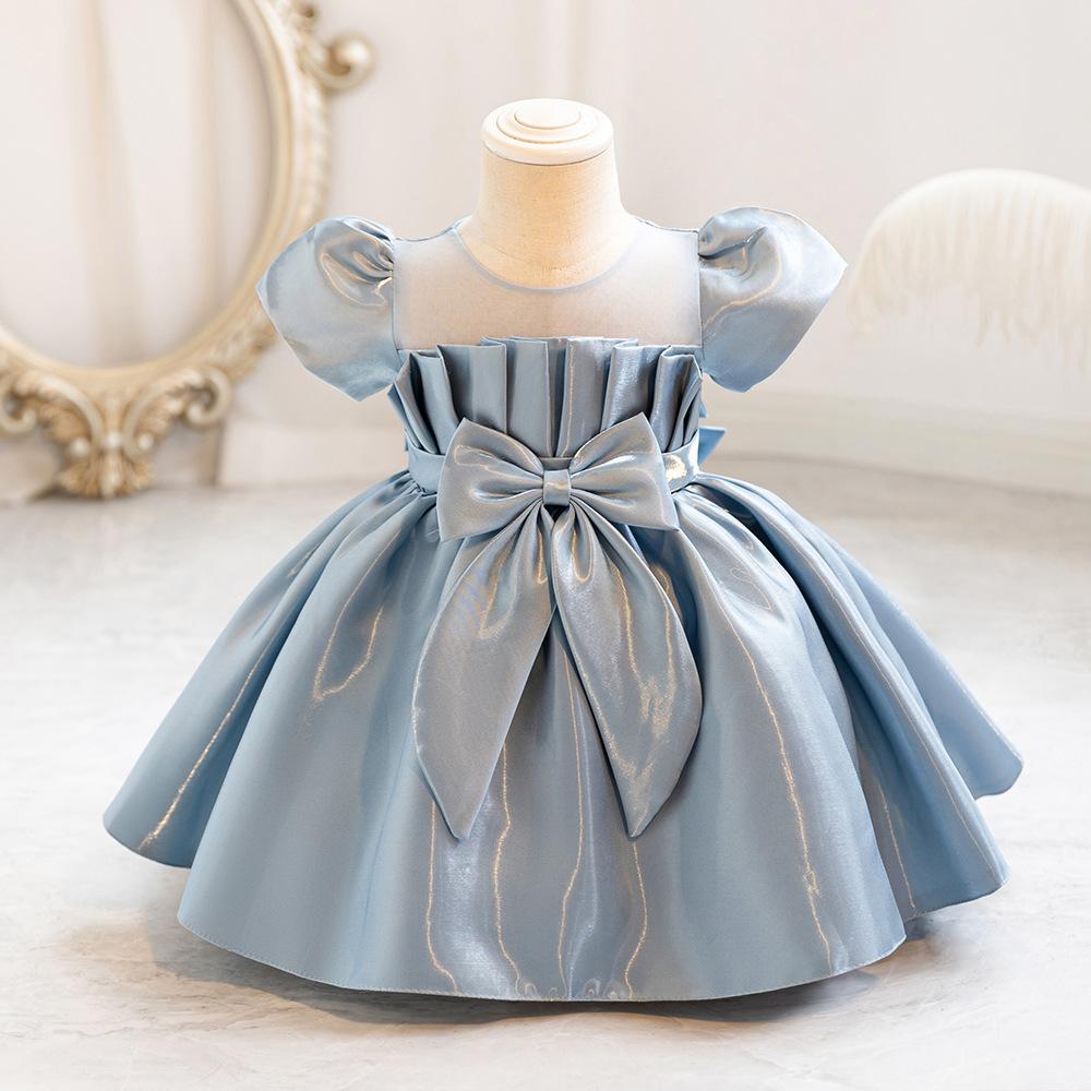 Kinderkleid, Prinzessinnenkleid mit Schleife, Blumendruck, unregelmäßiger Saum 90cm gray