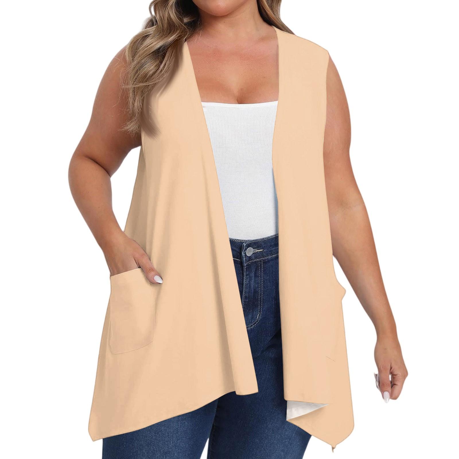 Damen Übergröße Locker Lässig Einfarbig Ärmellose Weste mit Tasche Strickjacke Jacke Strickjacke Jacke XL orange