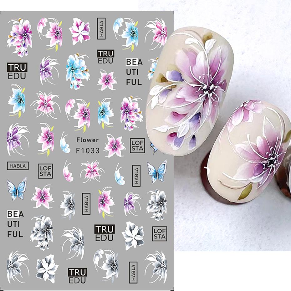 3D Nagelsticker mit Blumen und lila Blüten, Blumen und Schmetterlinge, Sommer-Nagelkunst-Aufkleber, Dekorationen, selbstklebende Slider-Tattoos, Maniküre
